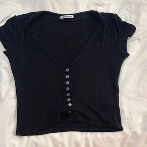Reformation Black Ribbed V-Neck Button Crop Top